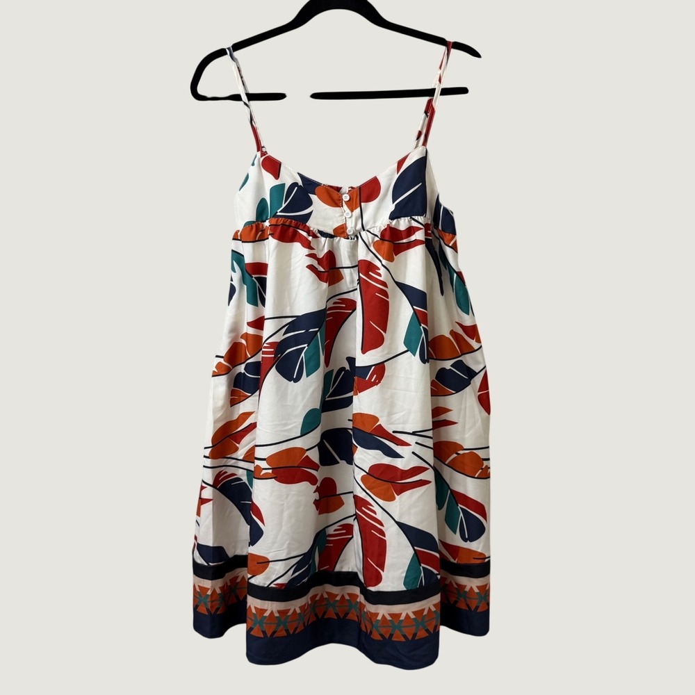 NEW Sunday Up Tropical Leaf Print Strappy Mini Dress Empire Waist Resort Sz S